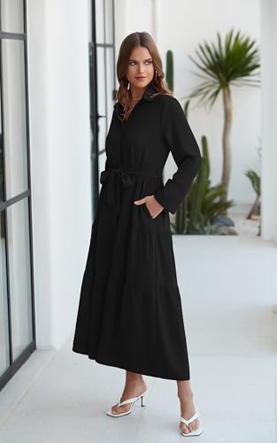 ECOWISH Women's Maxi Shirt Dress - 2025 Long Sleeve Button Casual Fall A-line Work Tiered Dresses with Belt and Pockets2