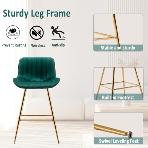 Image of Sidanli Counter Height Bar Stools Set of 2, Modern Velvet Barstools with Back, 24 inch Seat Height Comfortable Island Stools with Gold Legs, Green