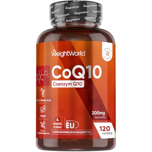 Coenzym Q10-200 mg pro Portion - 120 CoQ10 Kapseln - Aus Fermentation - 4 Monate Vorrat - 1 vegane Kapsel pro Tag - Frei von Magnesiumstearat & Gentechnik - Q10 Coenzym (als Ubichinon) - WeightWorld
