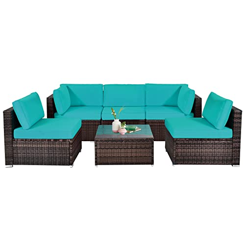 Happygrill 6 Pieces Outdoor Patio Furniture Set, Pe Rattan Conversation Set With Tempered Glass Coffee Table And Cozy Cushions, Weather Resistant Sectional Sofa Set, Turquoise #TOP25