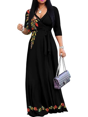 Image of PinkPatty Plus Size Dresses for Curvy Women V Neck Flowy Long Sleeves Wrap Maxi Dress Travel Vacation Outfits