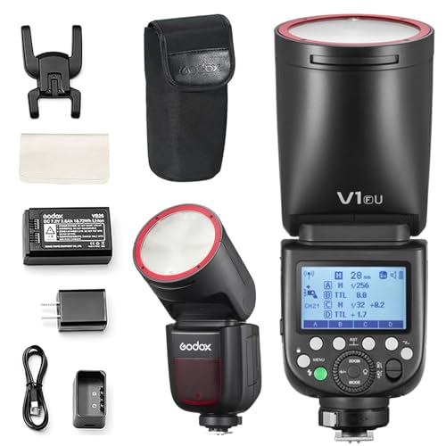 Image of Godox V1-F USA Version Flash for Fujifilm, V1-FU Flash Speedlight with 2.4G Wireless TTL, Rechargeable Battery, 1 /8000s High-Speed Sync, 10 Levels LED Modeling Light Camera Round Head Flash Speedlite