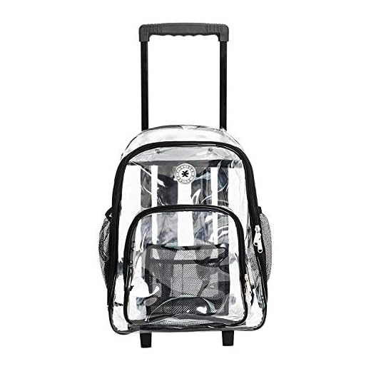 Rolling Clear Backpack Heavy Duty Bookbag Quality See Through Workbag Travel Daypack Transparent School Book Bags with Wheels Black