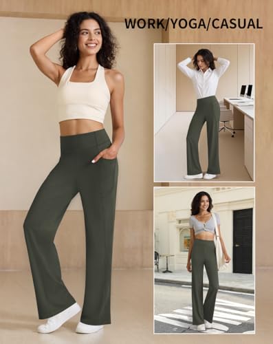 Womens High Waist Yoga Pants Stretchy Casual Trousers Straight Leg Pull On Side Pockets - Image 6