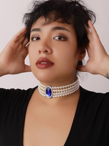 Sacina 1920s Layered Imitation Pearl Choker Necklace, Pearl Choker Necklaces for Women, Blue Teardrop Choker, Bridal Necklace, Costume Jewelry, Christmas Jewelry Gift for Women - Image 5