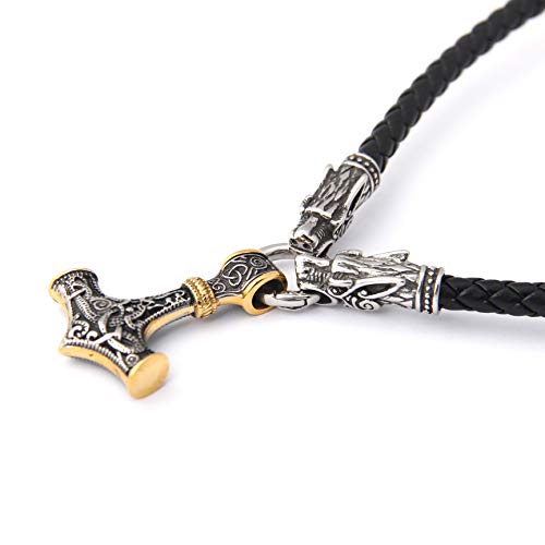 GUNGNEERMjolnir Thors Hammer Necklace Mixed Gold Viking Jewelry Men Accessories With Black Wolf Head Leather Chain, Viking Beard Bead Gift