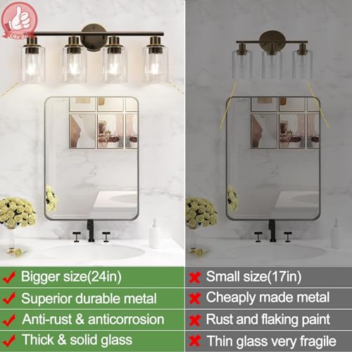 Image of 4-Light Bathroom Light Fixtures, Brown and Gold Modern Vanity Lights Over Mirror with Clear Glass Shade, Bathroom Wall Lamp for Mirror Kitchen Living Room Hallway Cabinet Porch Bedroom Reading room