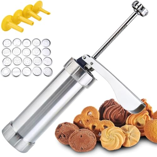 Cookie Press Stainless Steel Cookie Press Gun Kit Biscuit Maker and Churro Maker Cookie Press Machine with 20 Cookie Discs 4 Nozzles for DIY Biscuit Maker and Decoration