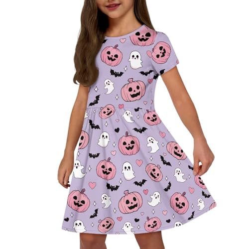 Girls Short Sleeve Dresses Casual Twirly Skater Dress with Pockets for 3-14 Years Old