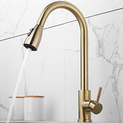 Robinet de cuisine or en acier inoxydable brossé avec douchette extractible moderne - 5