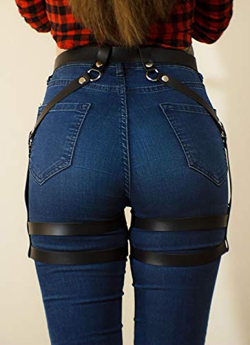 Women’s Black Leather Body Harness Garter Belt Adjustable Waist Leg Cincher Cage #TOP1