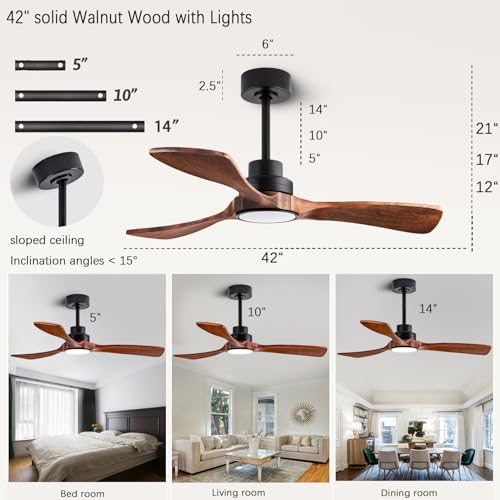 Image of 42-inch Silent Ceiling Fan Light with Remote Control, 3CCT, Walnut Finish