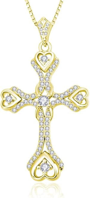 Cross Necklace for Women,Anniversary Christmas Birthday Gifts for Wife,14K /18K White Gold Dainty Heart Necklaces Womens Christian Baptism Faith Jewelry with Diamond Birthstone Pendant