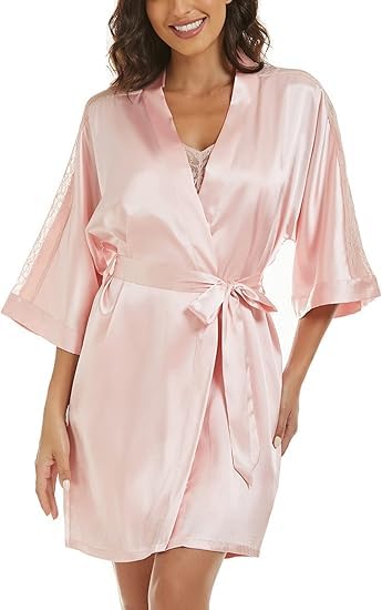 Image of Noty Women's- 2 Pc Hot & Sexy Nightwear Set- Satin - Sexy Lace Chemise with Kimono Robe