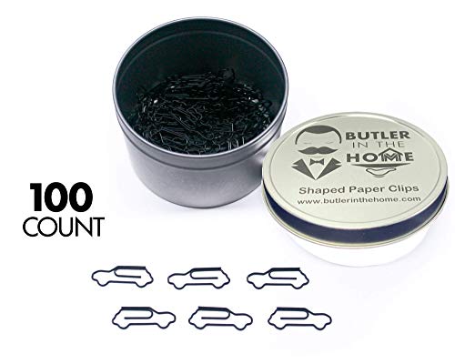 Butler in the Home Automobile Race Car Shaped Paper Clips Great for Paper Clip Collectors or Office Gift - Comes in Round Tin with Lid and Gift Box (100 Count Black)