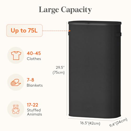 Image of Lifewit Slim Laundry Basket with Lid, Narrow Large Laundry Hamper with Plastic Handles and Removable Bag, Tall Foldable Dirty Clothes Hampers for Laundry Room, Bedroom, Bathroom, Dorm, 75L Black
