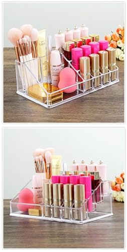 Image of SKDBPM KDR Plastic Cosmetic Shelf Stand Case Grid Squares Lipstick Holder Showcase Stand Organizer Makeup Storage Box (Transparent) (16 LIPSTICK HOLDER)