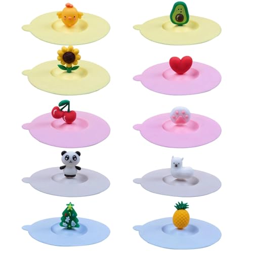 CHSEROK 10 Pièces Couvercle Tasse en Silicone, 10 cm Anti-Poussière Capote de Verre, Réutilisables Couvercle Silicone, avec 10 Designs, pour Tasses, Verres...