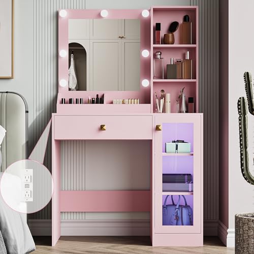 Image of Wodeer Small Makeup Vanity Desk with Mirror and Lights, Vanity with Glass Cabinet, LED Lights & Power Outlet, Drawer & RGB Glass Cabinets, Adjustable Lighted Dressing Table for Women & Girls Bedroom