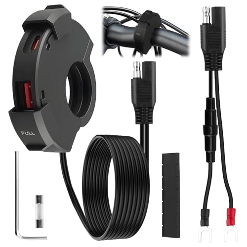 Cargador USB para Moto 48W, 2 Puertos (QC3.0 18W + PD3.0 30W) IP65 USB-C Toma de Cargadors de Coche Carga Rápida con 10A Fusible para 12V 24V Motorcycles ATVs Tricycles