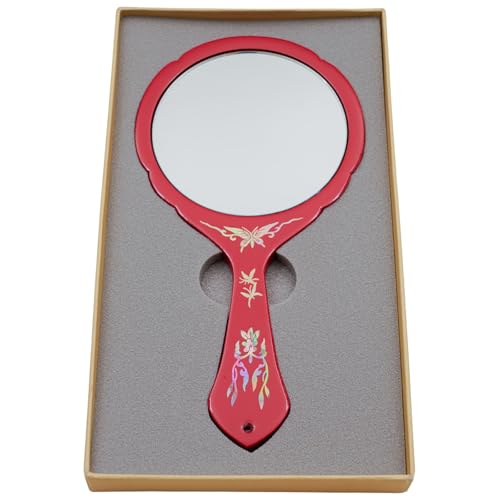 February Mountain Handcrafted Korean Mother-of-Pearl Hand Mirror - Lacquered Flower and Butterfly Design, Elegant Makeup Vanity Mirror (Flower-Red)