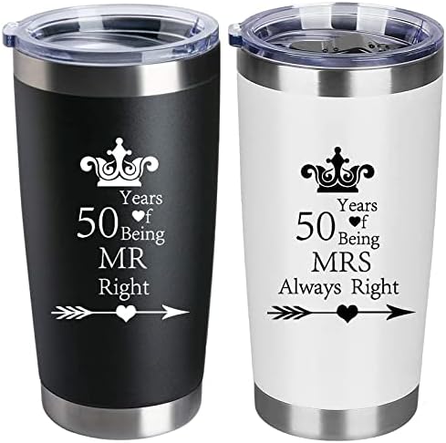 Set of 2 Wedding Engagement 50th Anniversary Tumblers for Couples Parents 20 OZ Stainless Steel Insulated Car Tumbler Travel Mug Mr Right Mrs Always Right 50 Years Anniversary Funny Present