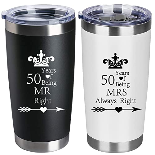 Set Of 2 Wedding Engagement 50Th Anniversary Tumblers For Couples Parents 20 Oz Stainless Steel Insulated Car Tumbler Travel Mug Mr Right Mrs Always Right 50 Years Anniversary Funny Present #TOP2