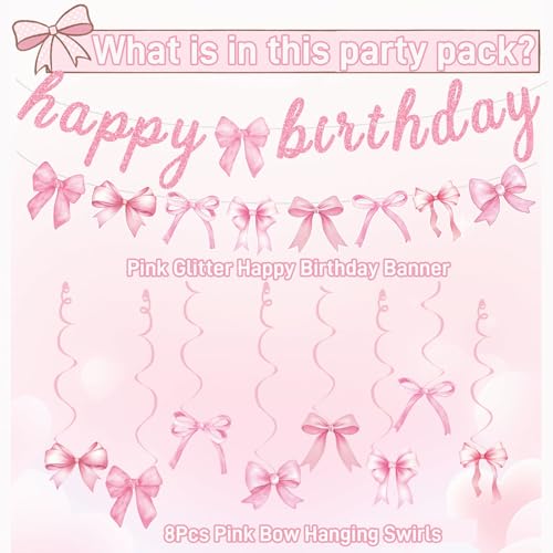 Image of Pink Bow Happy Birthday Banner Garland and Hanging Swirls for Girl Pink Bow Coquette Birthday Party Decorations