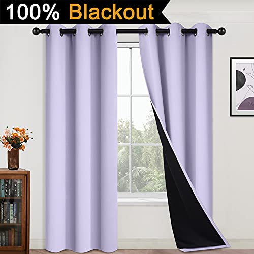 Image of Yakamok 84 Inch Length 100% Blackout Curtains for Bedroom, 2 Thick Layers Thermal Insulated Grommet Total Blackout Drapes with Black Liner for Living Room (42Wx84L,Lilac, 2 Panels) | Blackout Curtain Panels for Bedroom, 2 Thick Layers Grommet Top Thermal Insulated Drapes with Black Liner for Living Room
