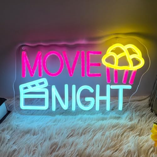 Image of Movie Night Neon Sign With Popcorn Dimmable LED Neon Lights for Wall Decor USB Powered Light Up Signs for Bedroom Living Room Cinema Film Room Man Cave Home Bar Wedding Birthday Party