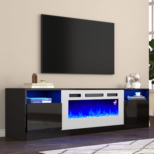 Image of AMERLIFE 80 inch Fireplace TV Stand with 40 inch Electric Fireplace | Black & White Finish, High Gloss Surface, Modern Entertainment Center, Storage Cabinets, 12 Colors LED Lights, Fits 90 inch TVs