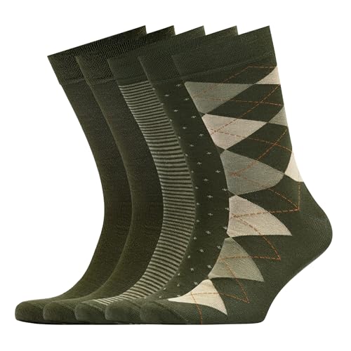 VRD Mens Dress Socks Bamboo Rayon 5-Pack Crew Socks Green Mix Solid Dotted Argyle and Striped Designs Shoe Size 8-13 Gift Box