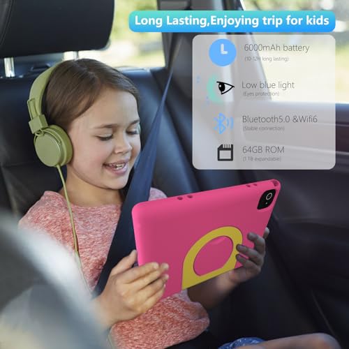 Image of YACXBTK Tablet for Kids 10.1 inch Android 14 6000mHA 8GB RAM+64GB ROM(Expandable to 1TB Kids Tablet Age 3-12 with Case& Lanyard WiFi6 Google Kids Space Parental Control 1280 * 800 HD Screen Pink