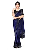TreegoArt Fashion Coton Blend Party Wear Indian Saree avec pièce de chemisier non cousue -(Brasso-Navy)
