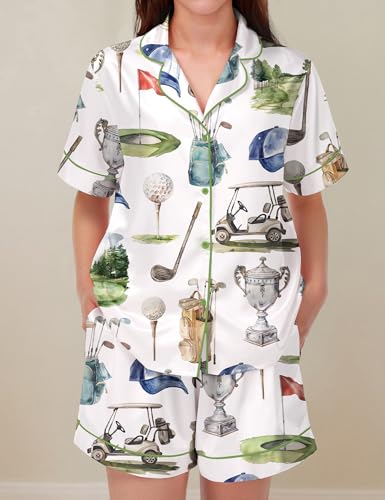 Image of SHESHOW Pajamas for Women Set Satin Button Down Short Sleeve Top and Shorts Pjs Sets Sport Ball Print Sleepwear XS-XXL