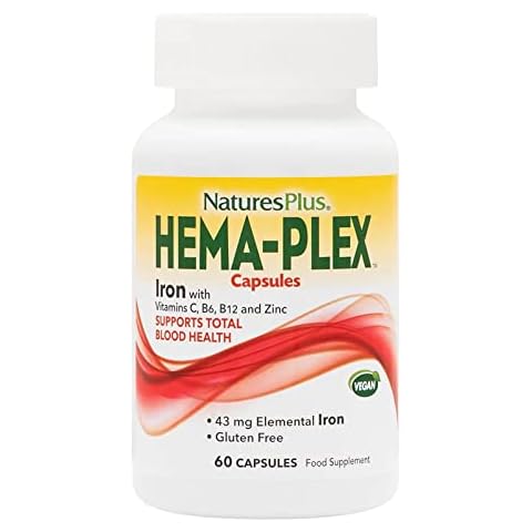 NaturesPlus HemaPlex Capsules - Gentle, Fast Acting Iron Supplement with Vitamin C, Methyl B12, Folate - Blood Health, Immune, Energy - Vegan, Gluten Free - 60 Capsules Cover