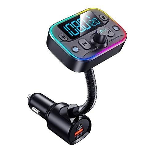 Bluetooth Car Adapter, [PD 30W + QC 3.0] Bluetooth 5.0 FM Transmitter for Car, AUX FM bluetooth Transmitter Car with Dual Mic, 3 USB Ports, 9 Color LED Backlit, Support U Disk, Hands-Free Call