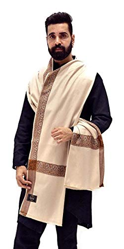 Image of Goodluck Men's Pure Wool Lohi /Woollen Embroidered Border Kunj Shawl (Cream, Size 37 x 75 Inches)