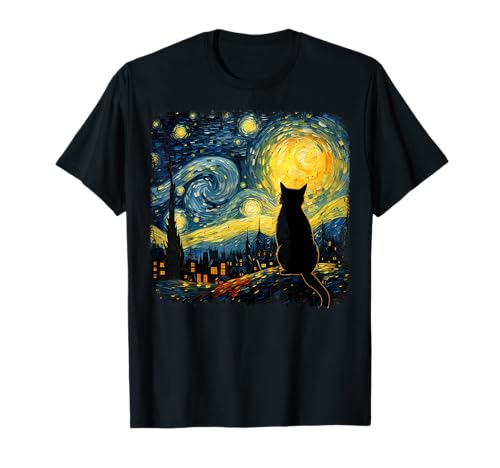 Product Image of the Funny Cat Starry Night Van Gogh Art T Shirts for Cat Lovers Mom Dad Tees