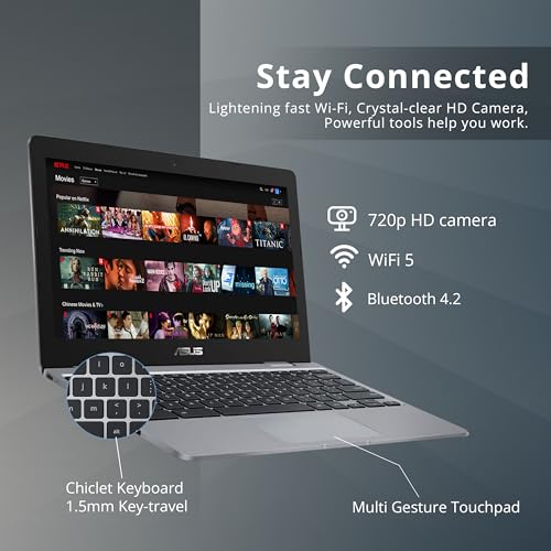 Image of ASUS Chromebook C223 11.6 inch HD Laptop, Intel Celeron N3350 Processor, 4GB RAM, 32GB eMMC, Intel UHD Graphics, 720P Webcam, Stereo Speakers, Wi-Fi, Chrome OS, Gray (Renewed)