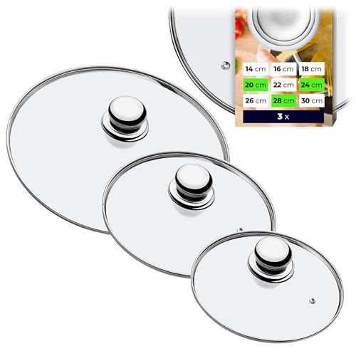 KADAX Lot de couvercles de casserole universels en verre avec poignée, résistants à la chaleur, différentes tailles, couvercle en verre casserole, poêle (20 + 24 + 28cm, poignée en métal) K8380