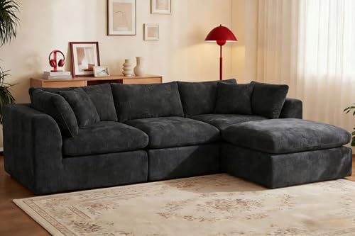 110 Oversized Cloud Sectional Boneless Couch for Living Room Modern Big Compressed L Shape Couch with Ottoman & 2 Throw Pillows Comfy Chenille Deep Seat Memory Foam Spineless 4 Seater Sofa Black