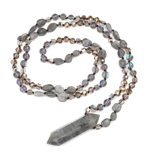Long Necklaces for Women Boho, Natural Pointed Labradorite Pendant, Handmade, Natural Stone Beaded,Vintage & Elegance, Boho Fashion Charm Beaded Necklace for Women