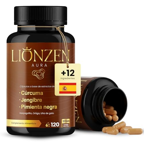 Cúrcuma, jengibre y pimienta negra, probióticos +12 ingredientes antiinflamatorio | 600mg + 6000 Millones UFC | 120 cápsulas | Confort articular y digestivo | Antihinchazón abdominal | LIONZEN AURA