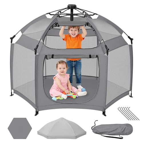 Dripex Pop Up Playpen w/t Built-in Pad & One-Click Safe Lock Foldable Indoor/Outdoor Baby Playpen w/t Removable Canopy &Roll-Up Door & Top Mesh Window Travel Pop and Go Beach Play Pen for Baby Grey