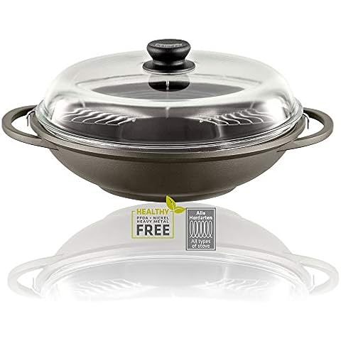 Berndes Wok Bonanza 32 cm, Wokpfanne mit Glasdeckel und Stäbchen, 3-lagiger Antihaftversiegelung und Holzgriff, robuster Aluguss, antihaft beschichtet Cover