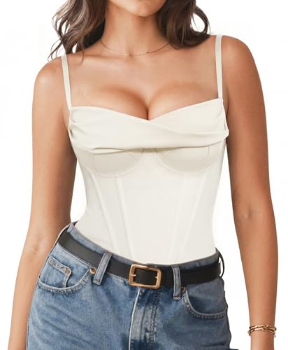 Popilush Corset Bodysuit for Women Tummy Control Cowl Neck Thong Shapewear Bodysuits Going Out Tops Beige