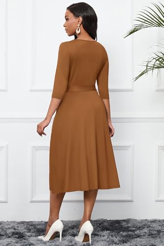 Image of CLOCOR Midi Dresses for Women Casual A-Line Fit and Flare Dress Crewneck 3 /4 Sleeve Keyhole Cocktail Party Church Dress