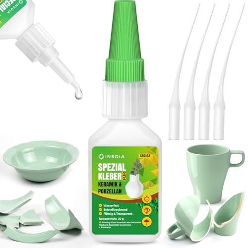 Keramik & Porzellan Kleber Extra Stark Wasserfest 30g Set mit Sekundenkleber hitzebeständig & spülmaschinenfest Super Spezial Kleber für Porzellan & Ton Transparent & Anti-Austrocknung