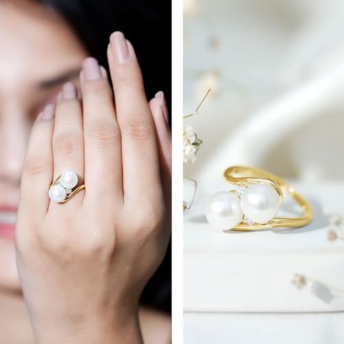 Real Handpicked Cultured Pearl 2 Stone Engagement Ring, AAA Quality, Certified Pearl Diamond Bypass Ring2